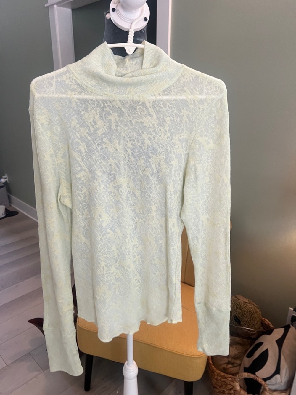 Free People Pale Yellow Lace Turtleneck Top